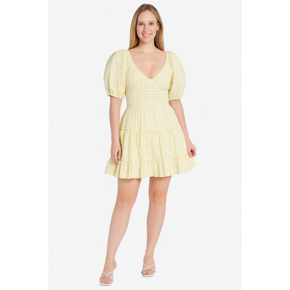 And Now This Tiered Puff-Sleeve Mini Dress Yellow Gingham Size S